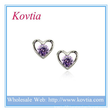 HIGH trendy jewelry purple crystal pure silver heart shape stud earring
